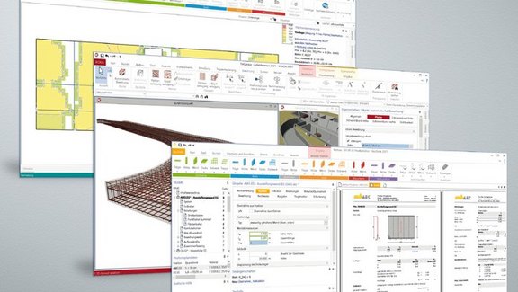 Titel der Produktbroschüre "mb WorkSuite". Zu sehen sind Screenshots der Programme BauStatik, ViCADo und MicroFe.